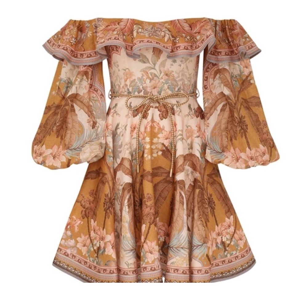 Zimmermann Floral Off-Shoulder Mini Dress in Mustard and Blush